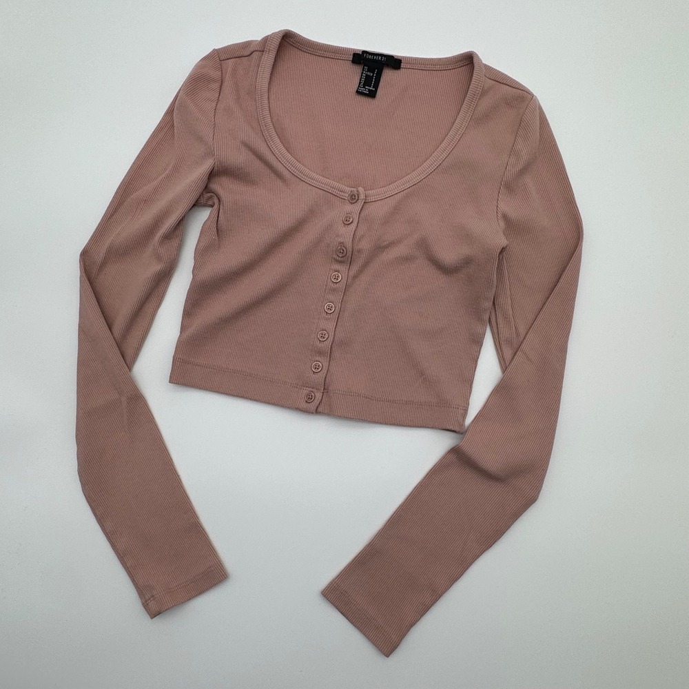 Forever 21‎ Ribbed Long Sleeve Button Down Crop Top Dusty Rose Pink Small